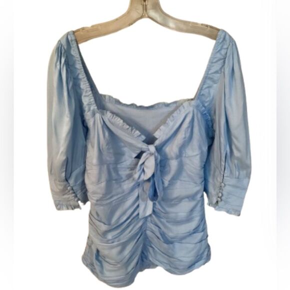 VENUSLARGE (12) BLUE SWEETHEART NECKLINE RUCHED SIDES BLOUSE MILKMAID COQUETTE - Picture 1 of 7